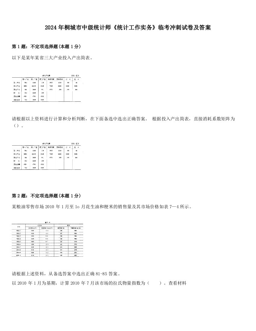 2024年桐城市中级统计师《统计工作实务》临考冲刺试卷及答案