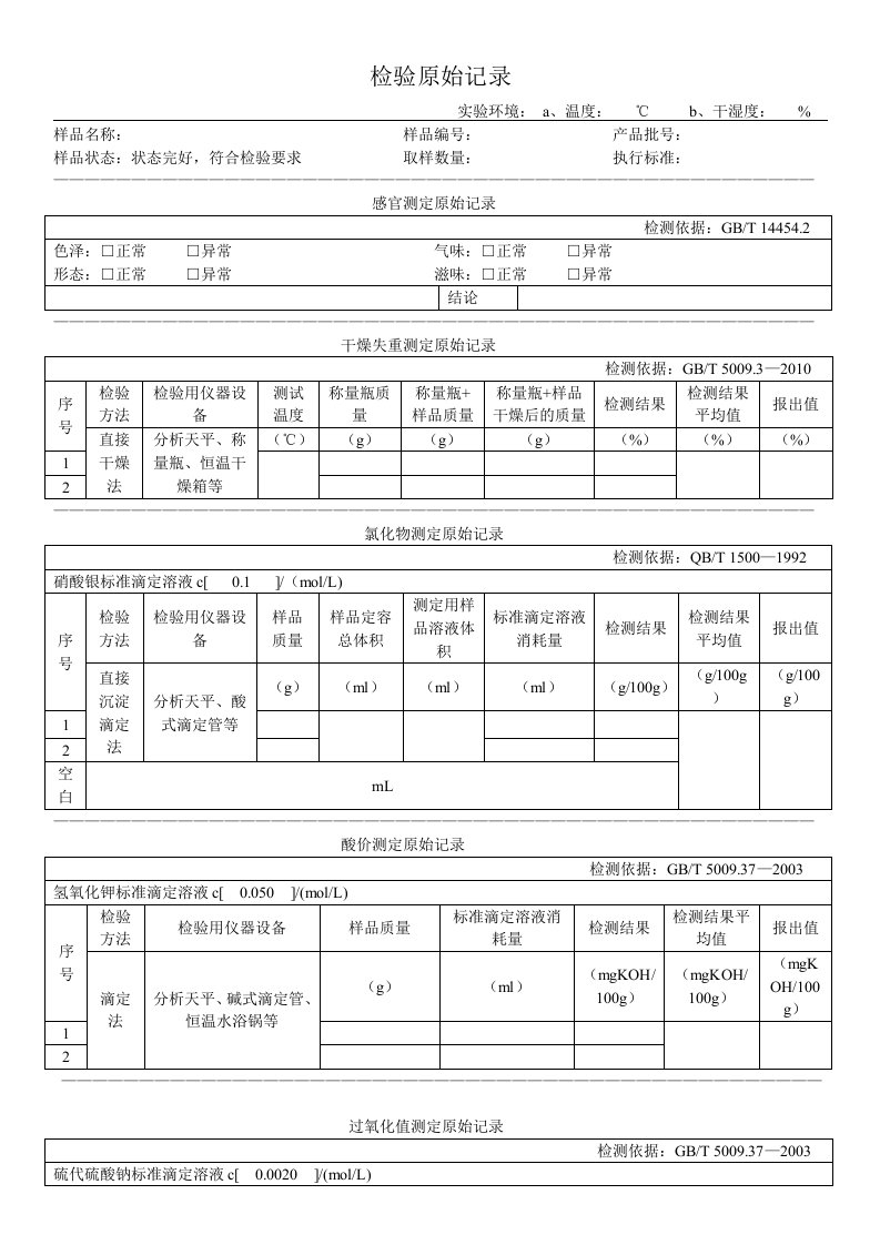 食品检验原始记录模板