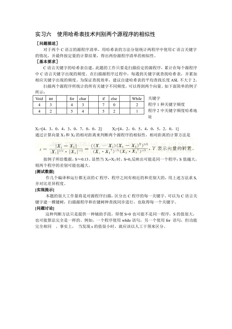 表格模板-使用哈希表技术判别两个源程序的相似性