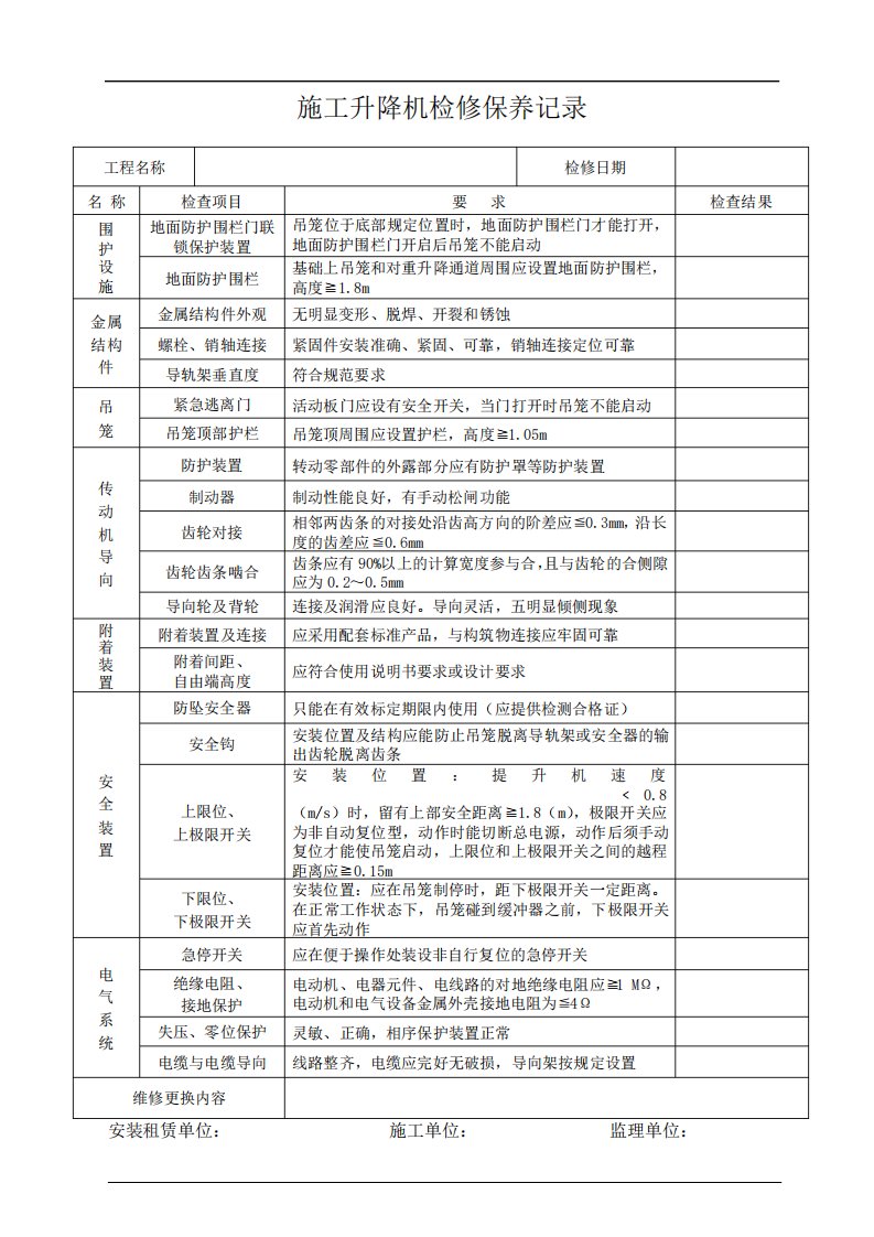 升降机维保记录表格201910