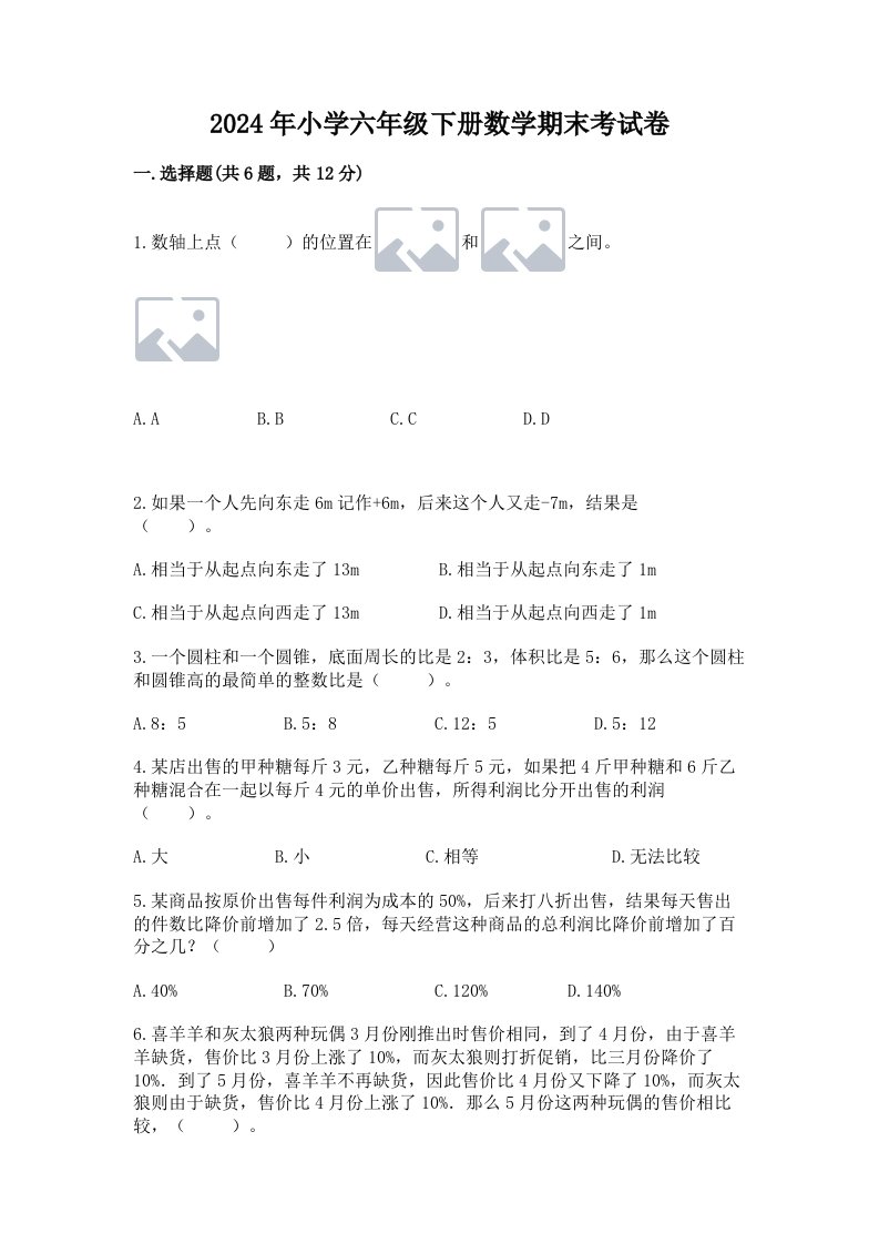 2024年小学六年级下册数学期末考试卷【突破训练】