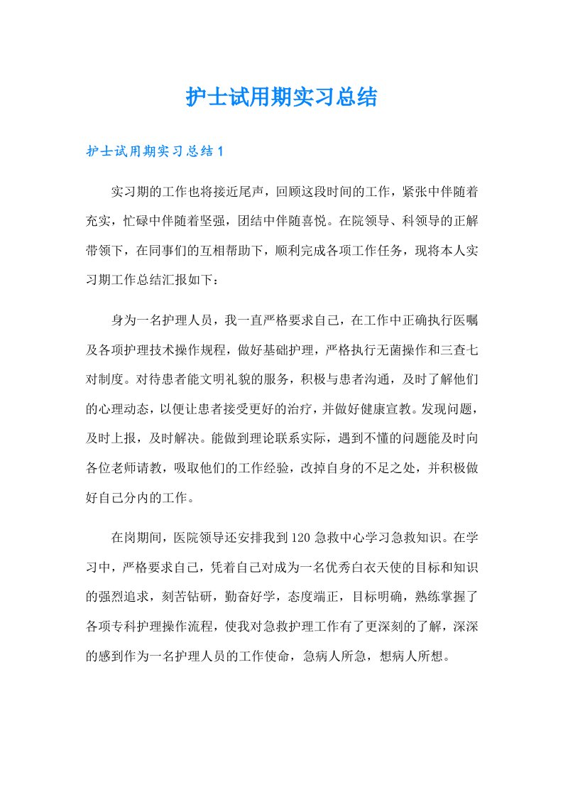 护士试用期实习总结