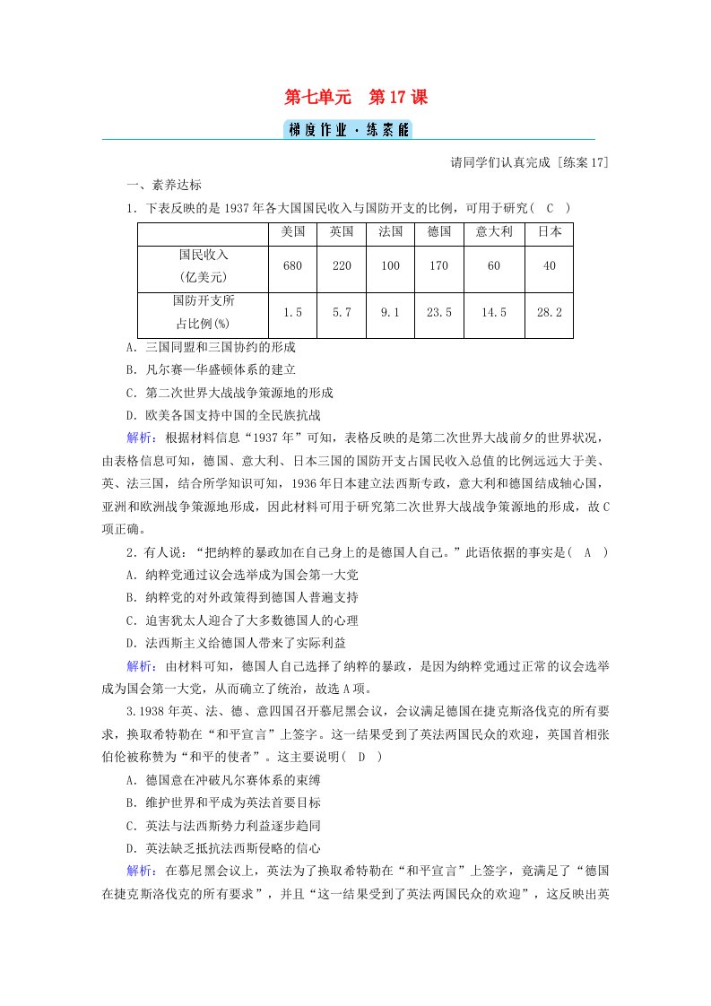 2020_2021学年新教材高中历史第七单元世界大战十月革命与国际秩序的演变第17课第二次世界大战与战后国际秩序的形成梯度作业练素能含解析新人教版必修中外历史纲要下