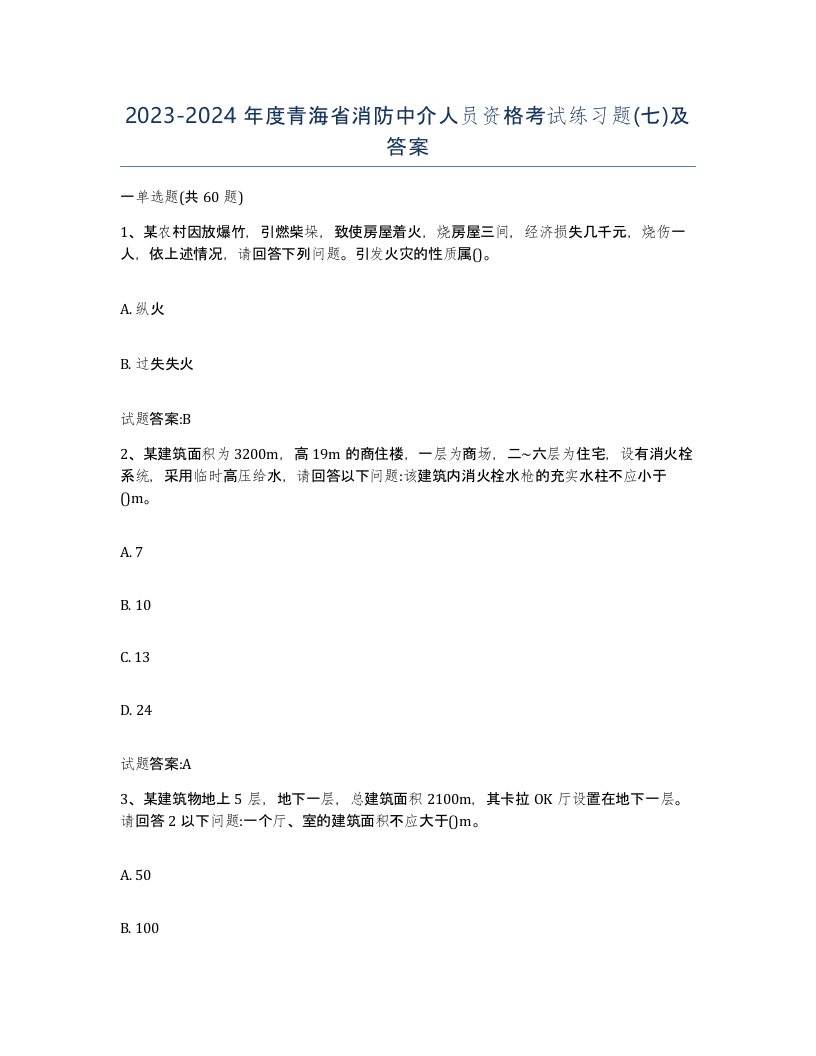 2023-2024年度青海省消防中介人员资格考试练习题七及答案