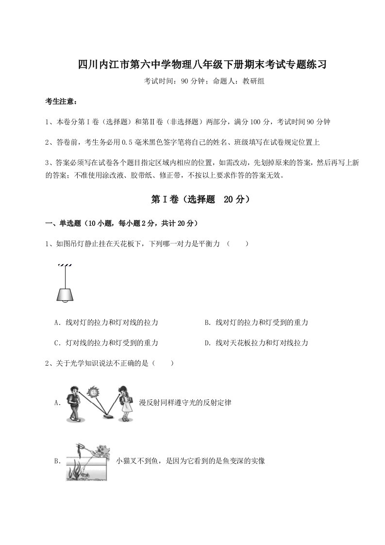 2023年四川内江市第六中学物理八年级下册期末考试专题练习A卷（解析版）