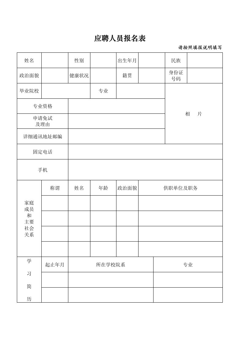 精选应聘人员报名表