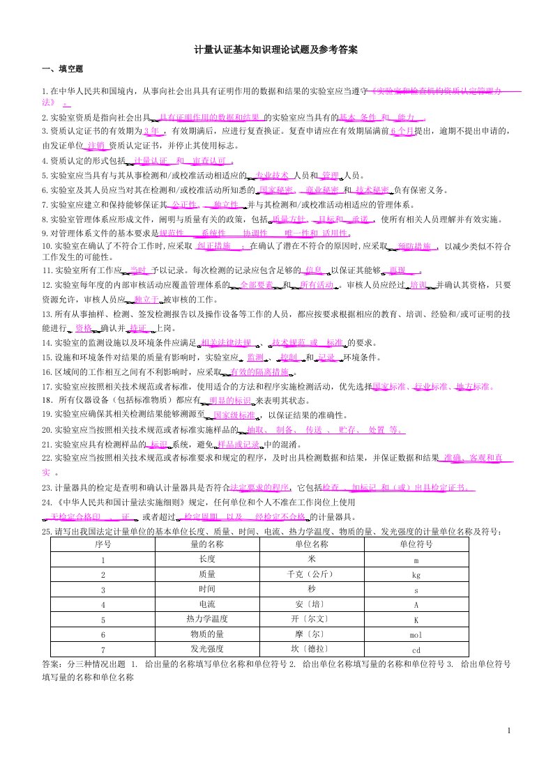 计量认证基本知识理论试题及参考答案