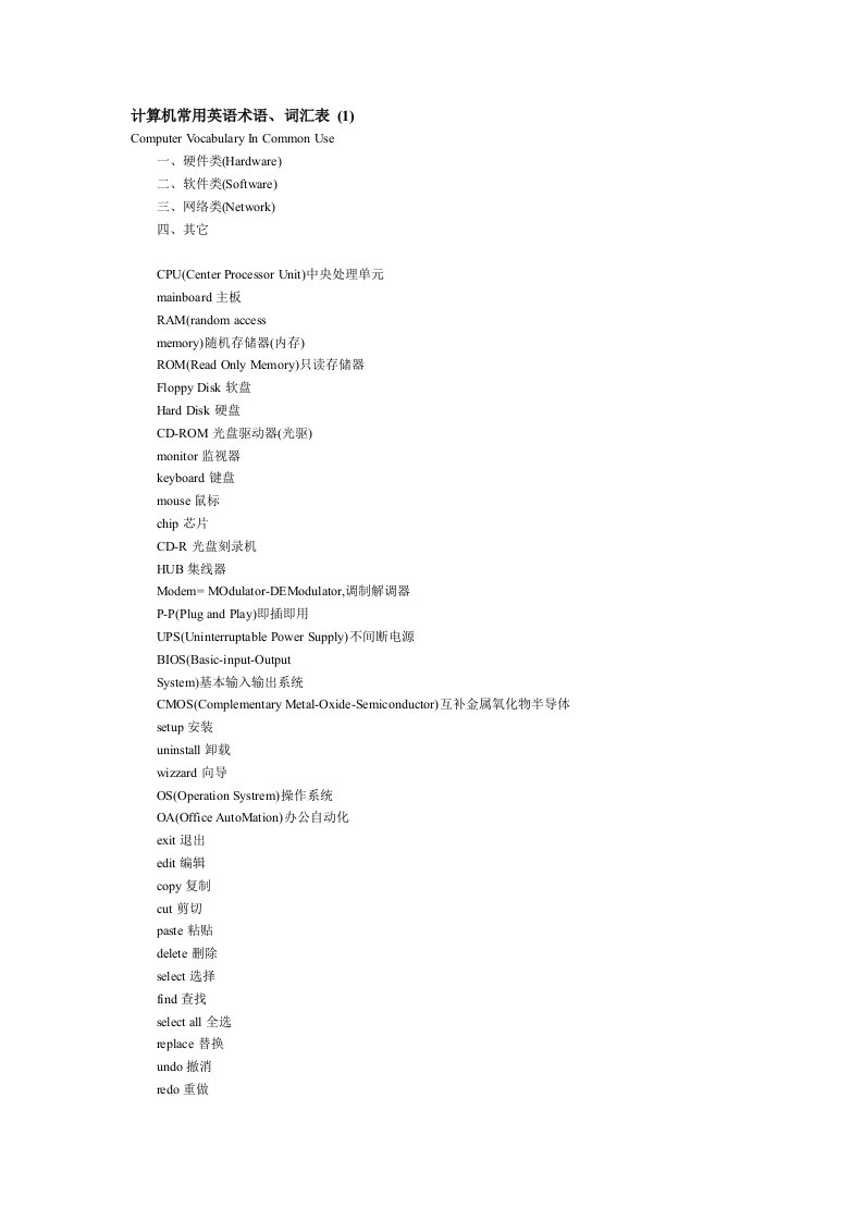 计算机常用英语术语、词汇表