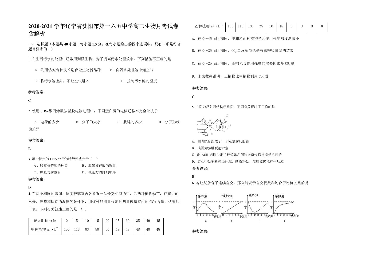 2020-2021学年辽宁省沈阳市第一六五中学高二生物月考试卷含解析