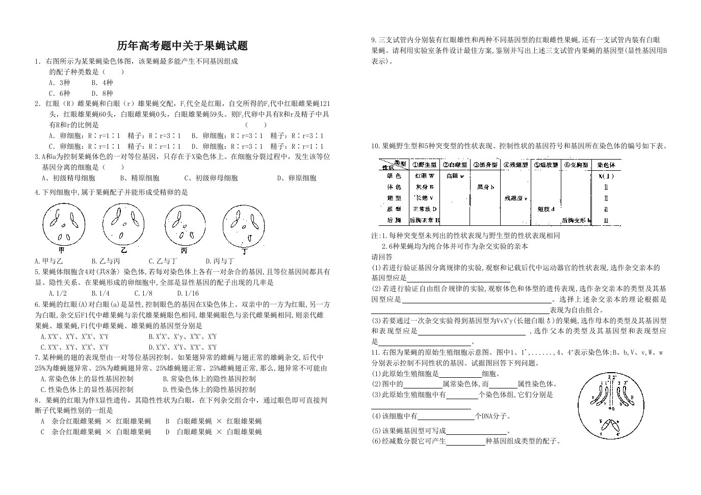 历年高考题中关于果蝇试题