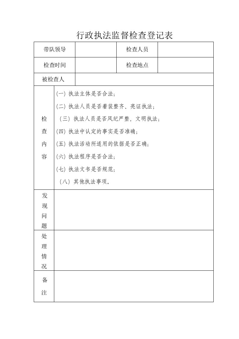 行政执法监督检查登记表