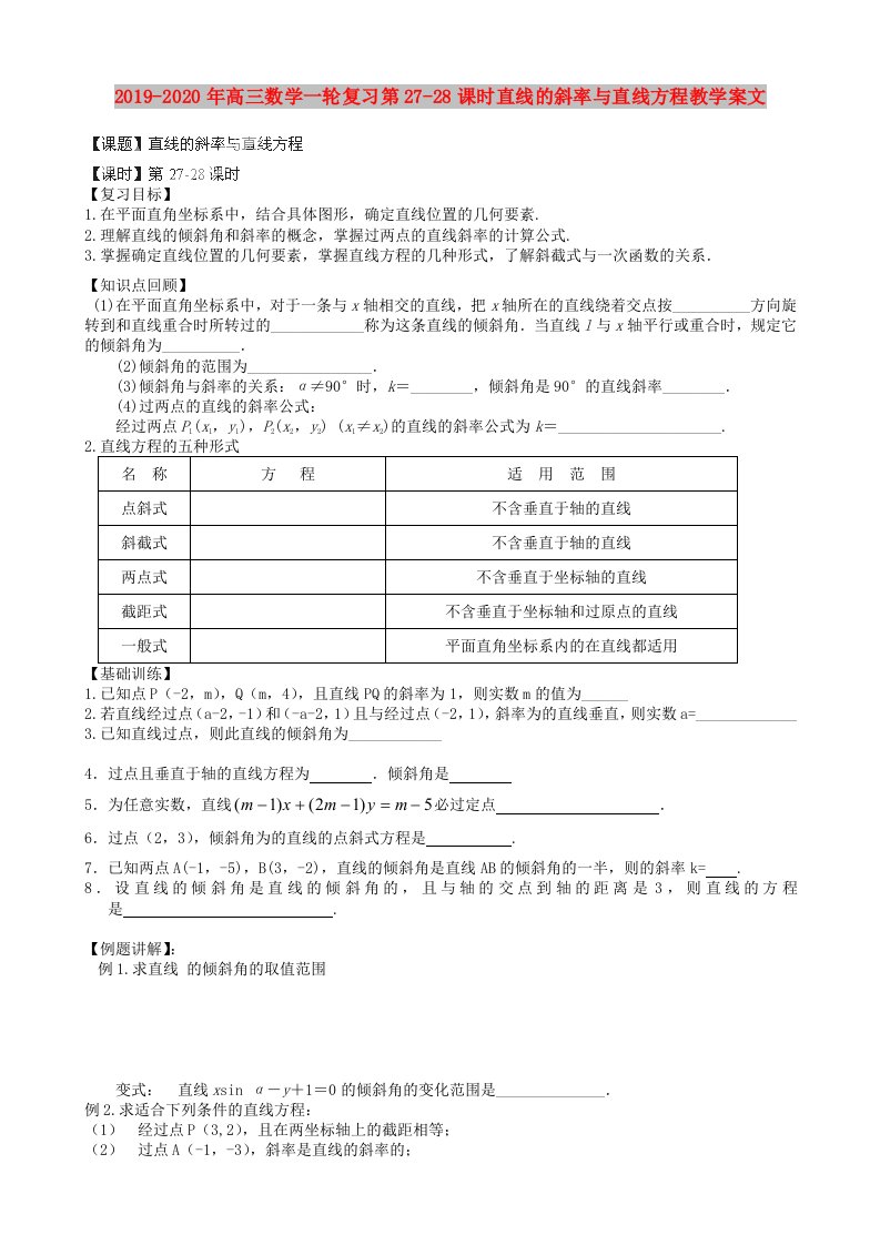 2019-2020年高三数学一轮复习第27-28课时直线的斜率与直线方程教学案文