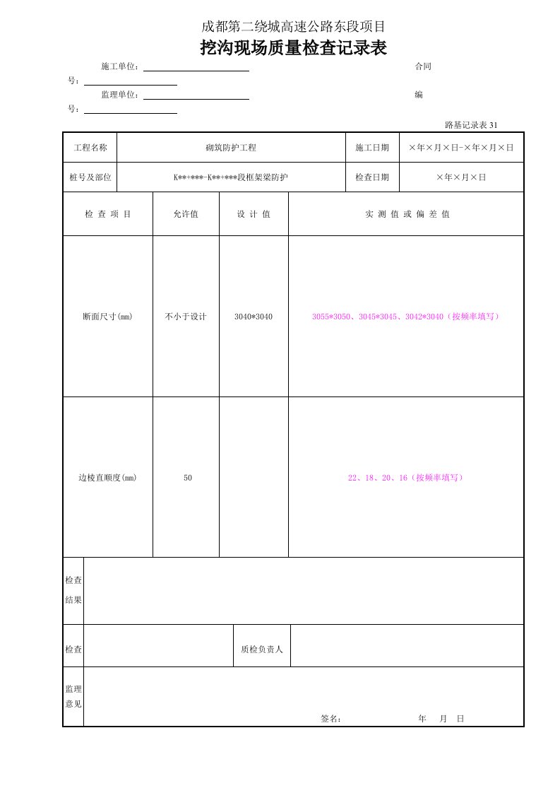 建筑工程-挖沟现场质量检查记录表路基记录表31