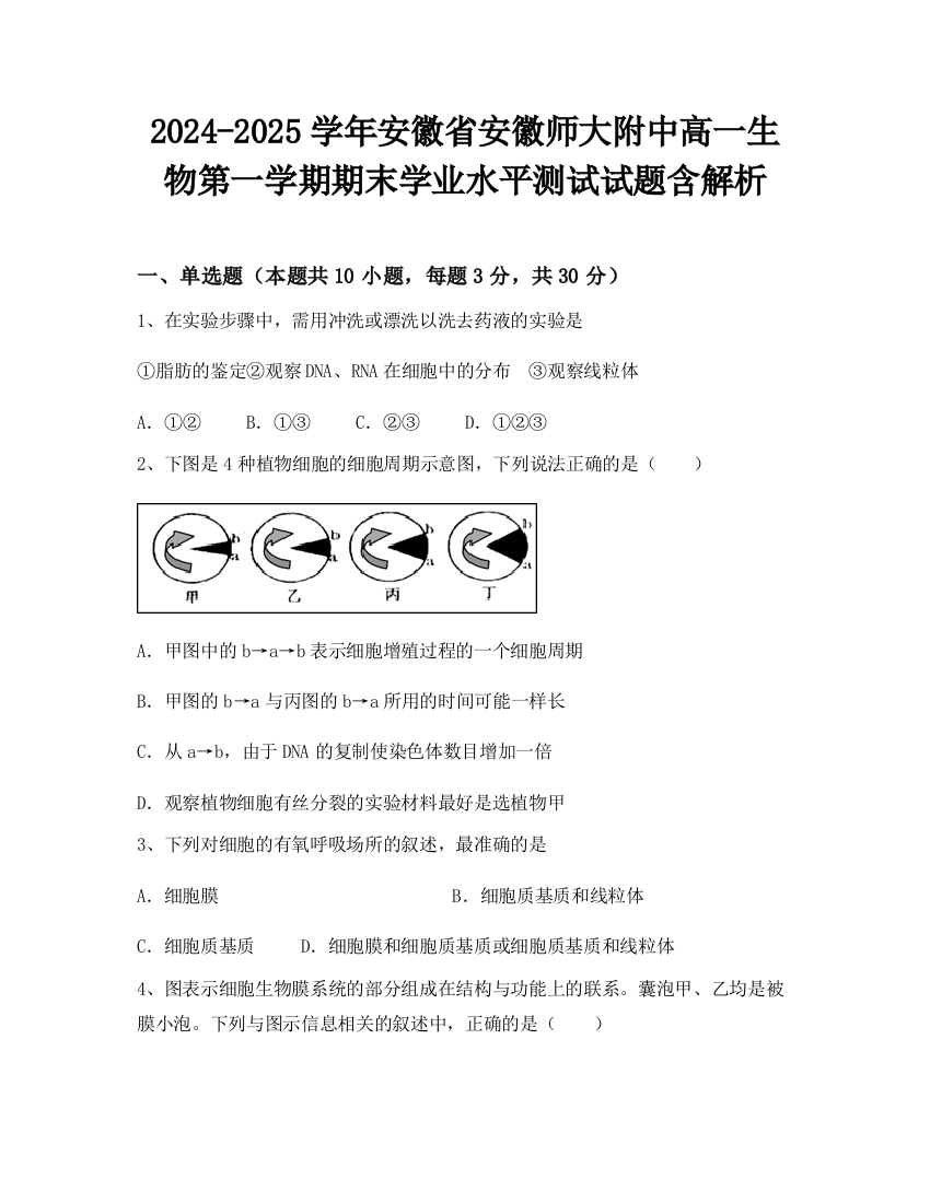 2024-2025学年安徽省安徽师大附中高一生物第一学期期末学业水平测试试题含解析