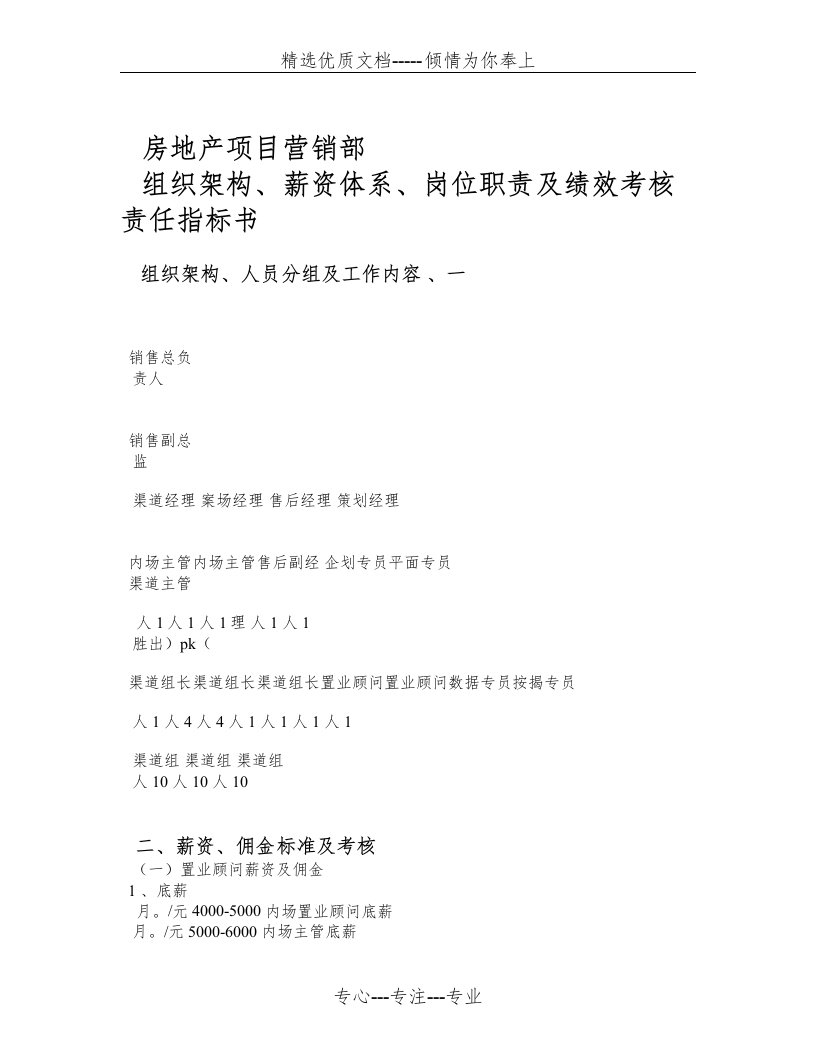 房地产项目营销部组织架构、薪资体系、岗位职责及绩效考核责任指标书(共11页)