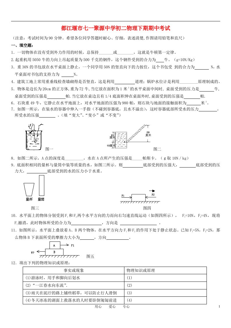 八年级物理下学期期中考试卷