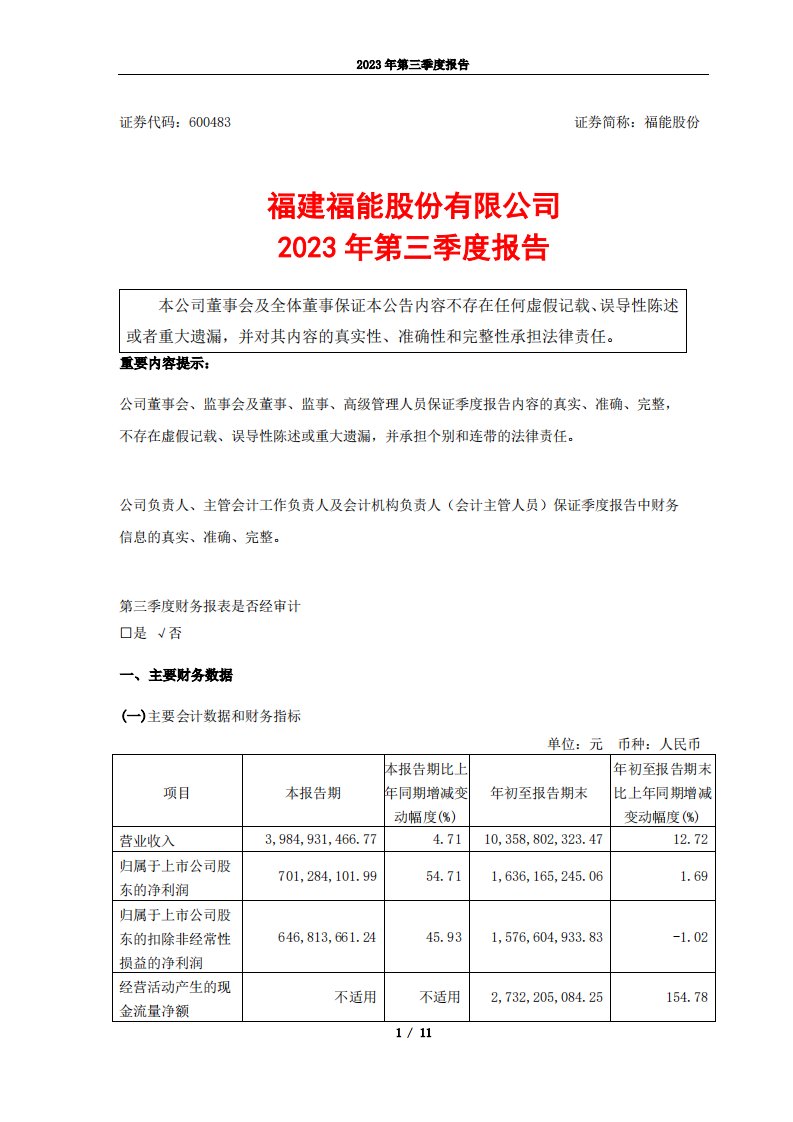 上交所-福能股份2023年第三季度报告-20231024