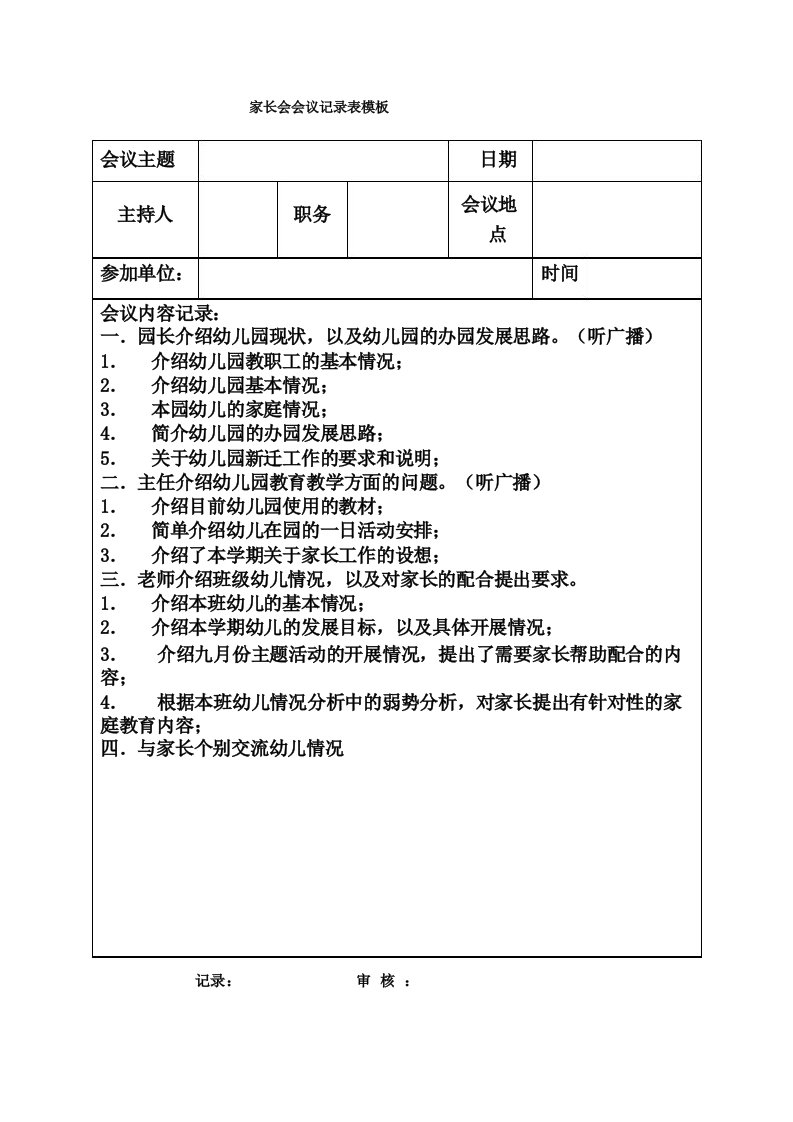 家长会会议记录表模板