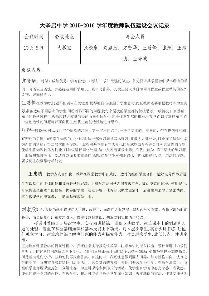 教师队伍建设会议记录