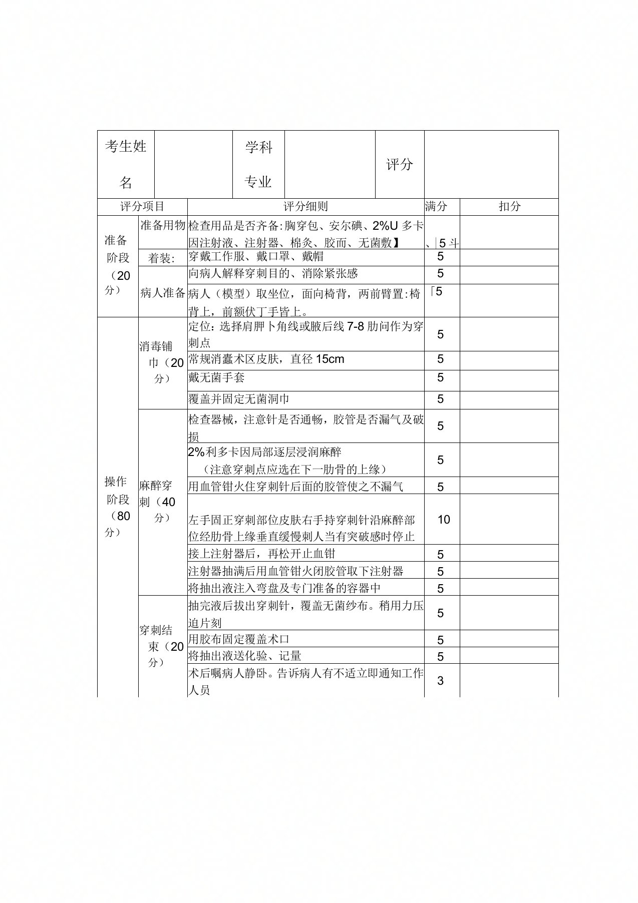 胸腔穿刺术操作评分标准