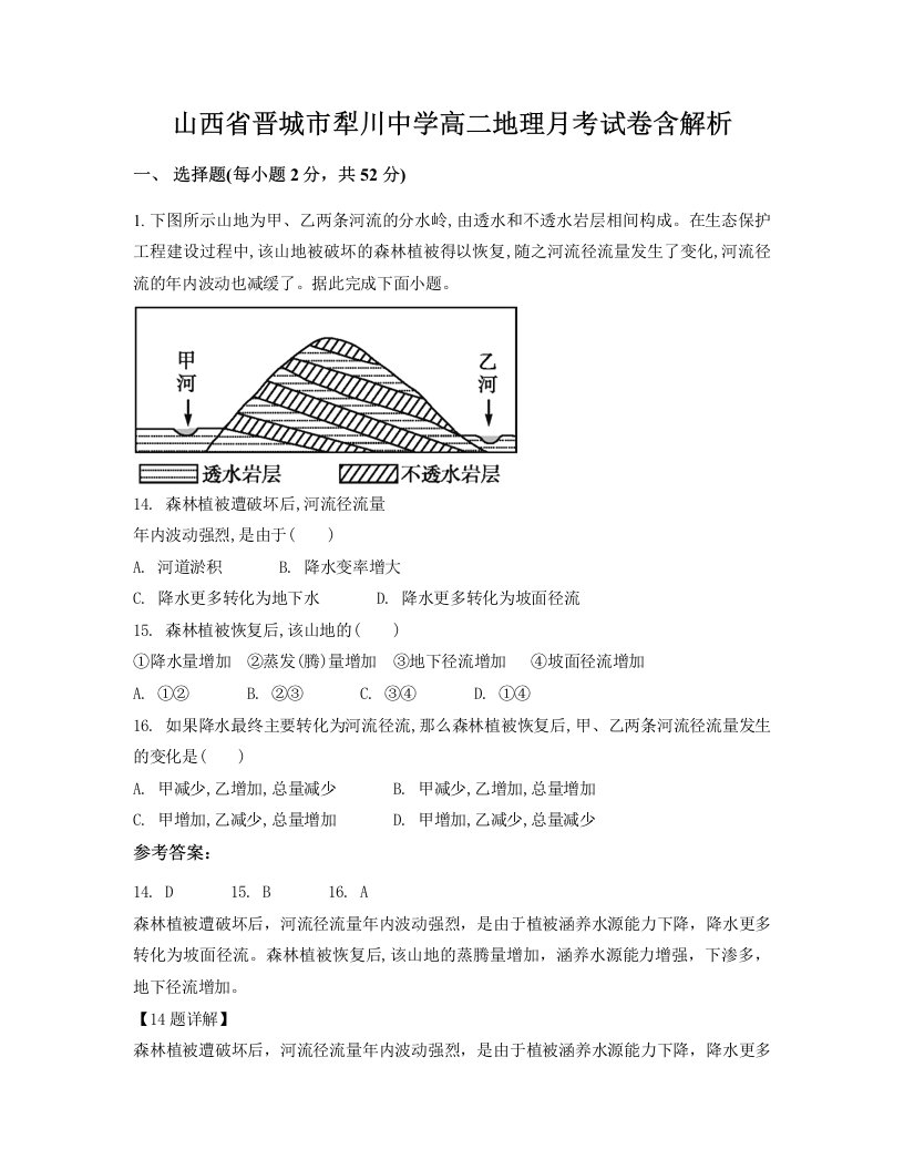 山西省晋城市犁川中学高二地理月考试卷含解析