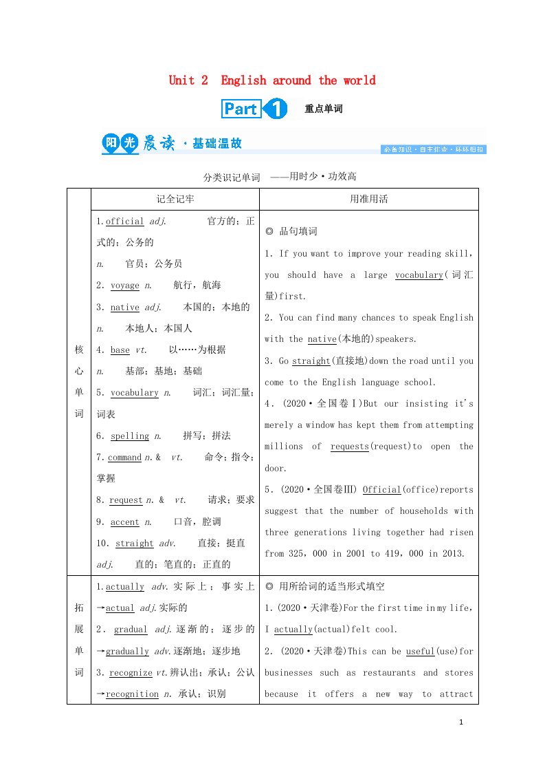 2022版高考英语一轮复习Unit2Englisharoundtheworld学案必修1