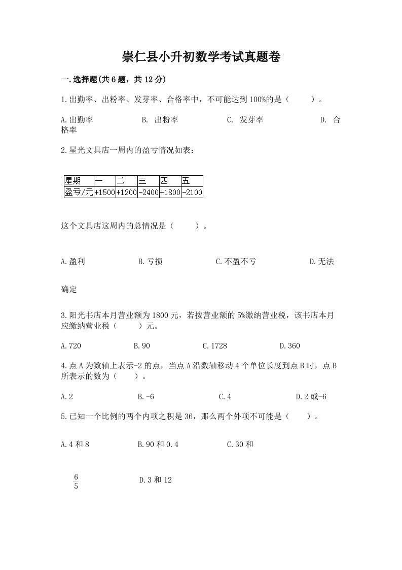 崇仁县小升初数学考试真题卷必考题