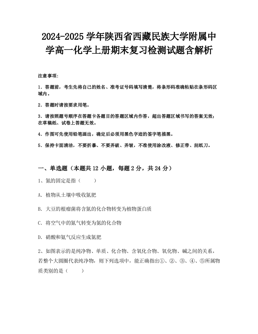 2024-2025学年陕西省西藏民族大学附属中学高一化学上册期末复习检测试题含解析