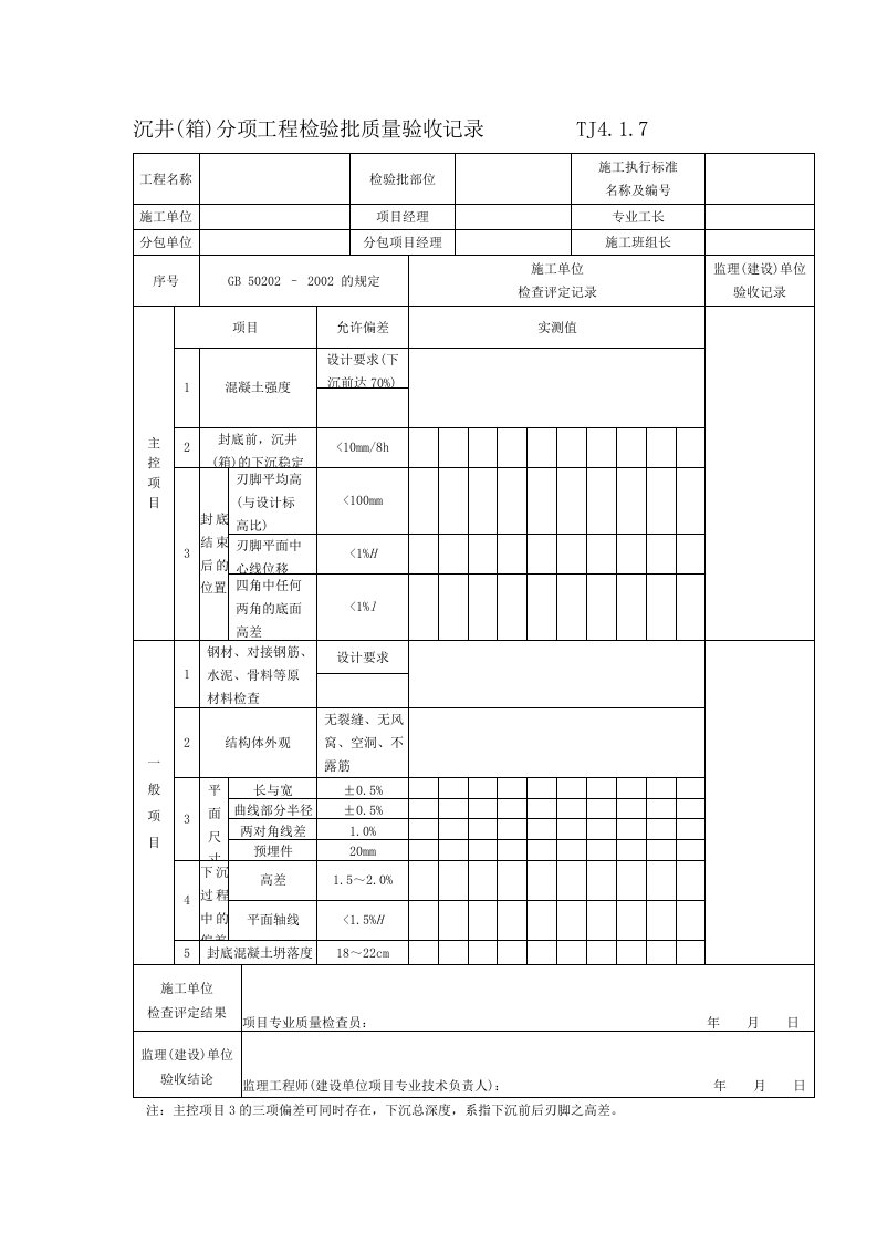 沉井(箱)分项工程检验批质量验收记录