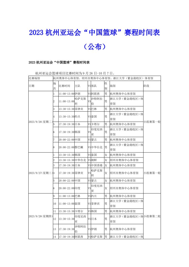 2023杭州亚运会“中国篮球”赛程时间表（公布）