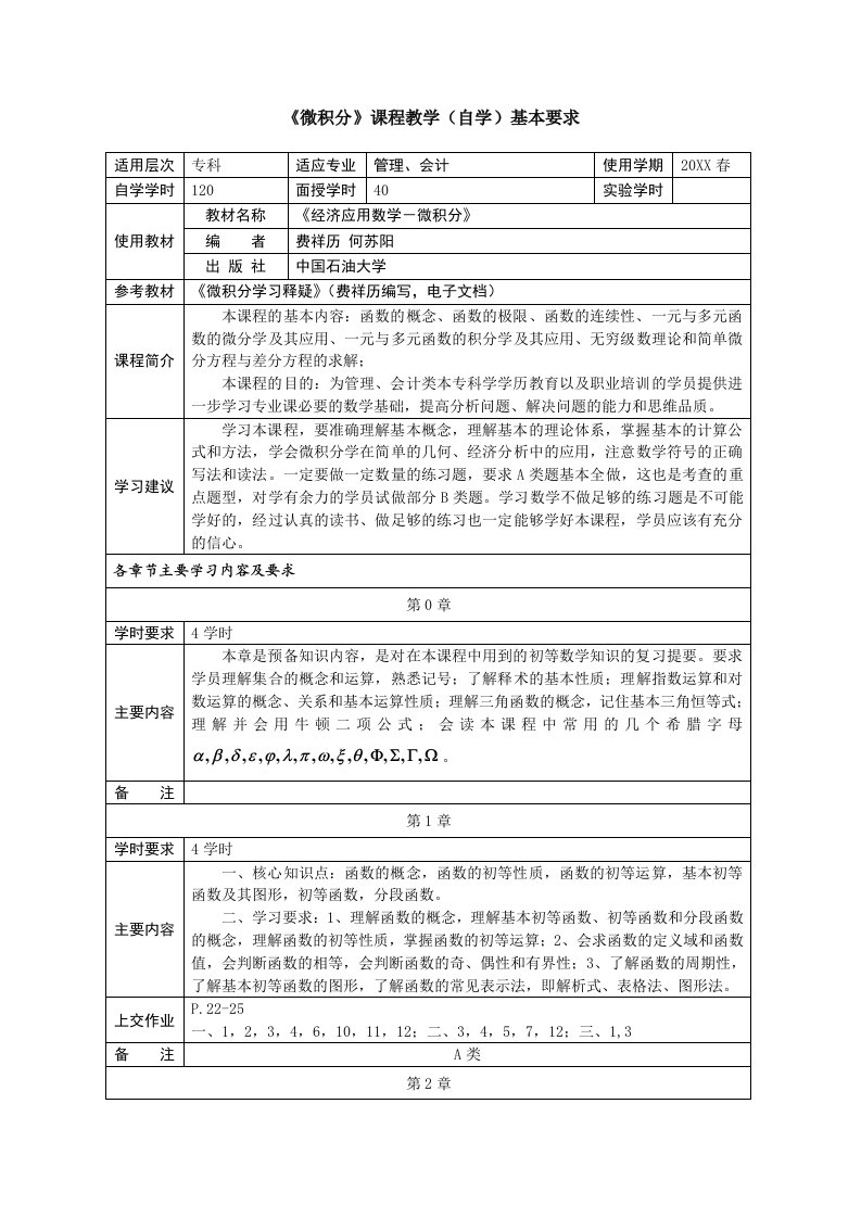 建筑工程管理-微积分工程流体力学课程教学自学基本要求