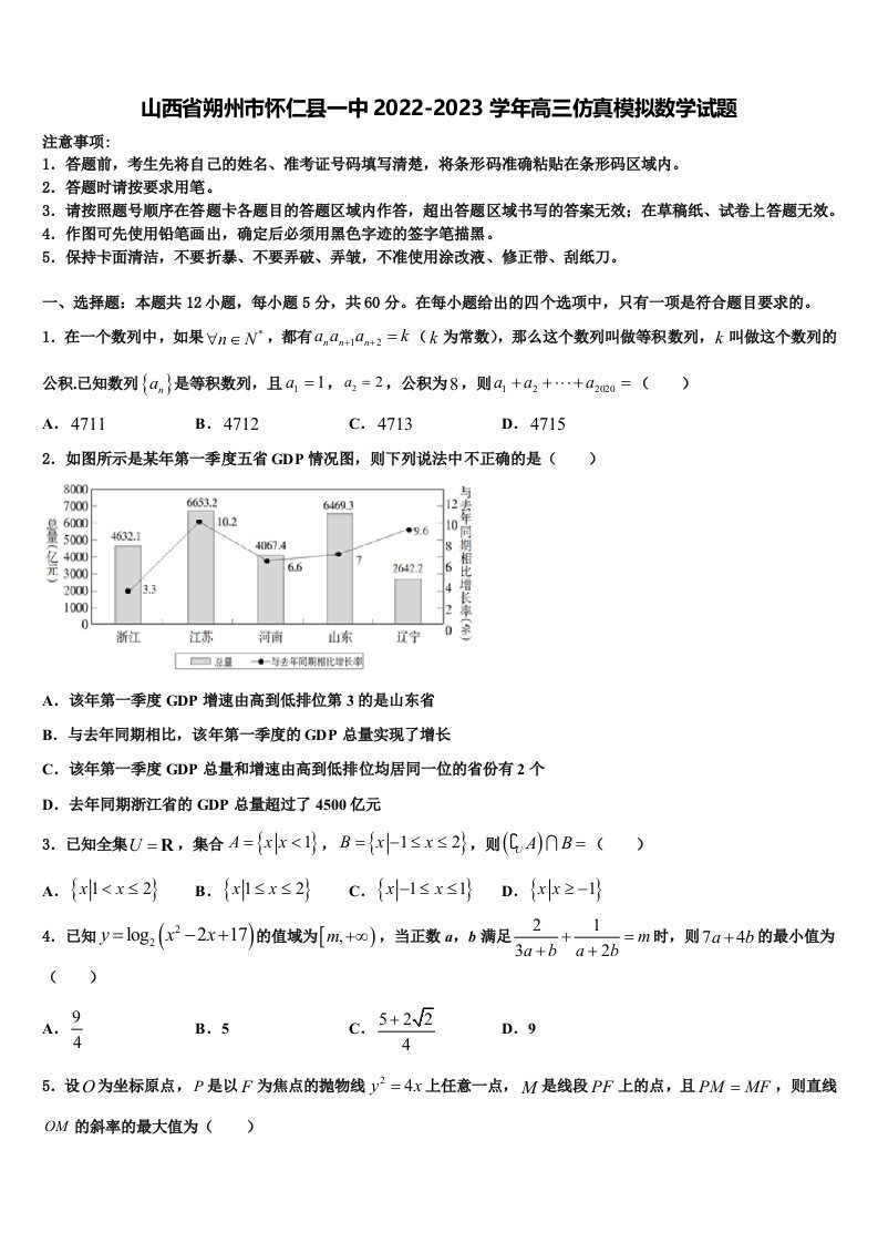 山西省朔州市怀仁县一中2022-2023学年高三仿真模拟数学试题