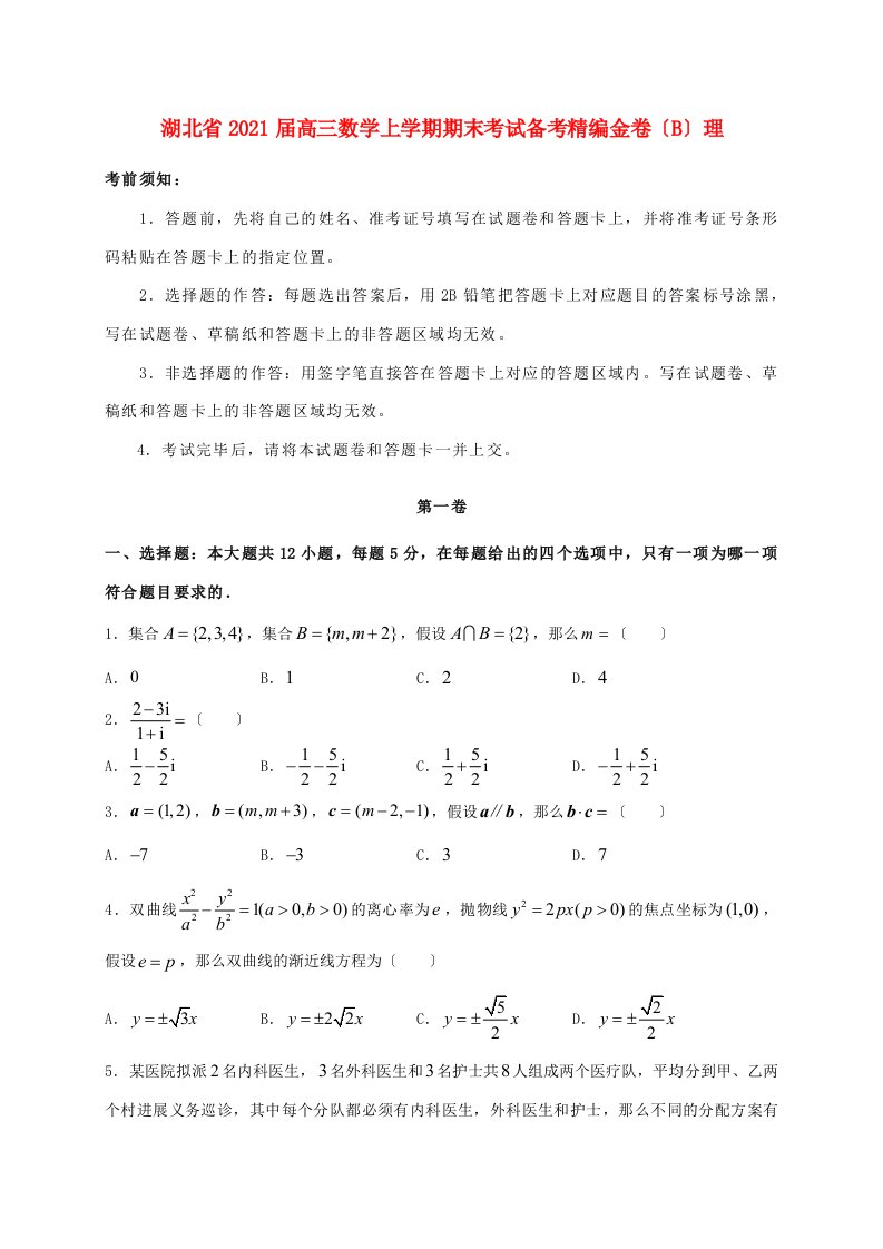 湖北省高三数学上学期期末考试备考精编金卷(B)理