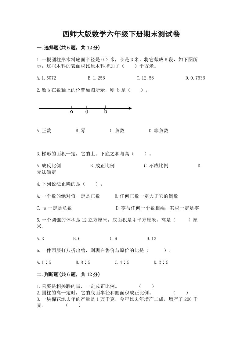 西师大版数学六年级下册期末测试卷精品（历年真题）