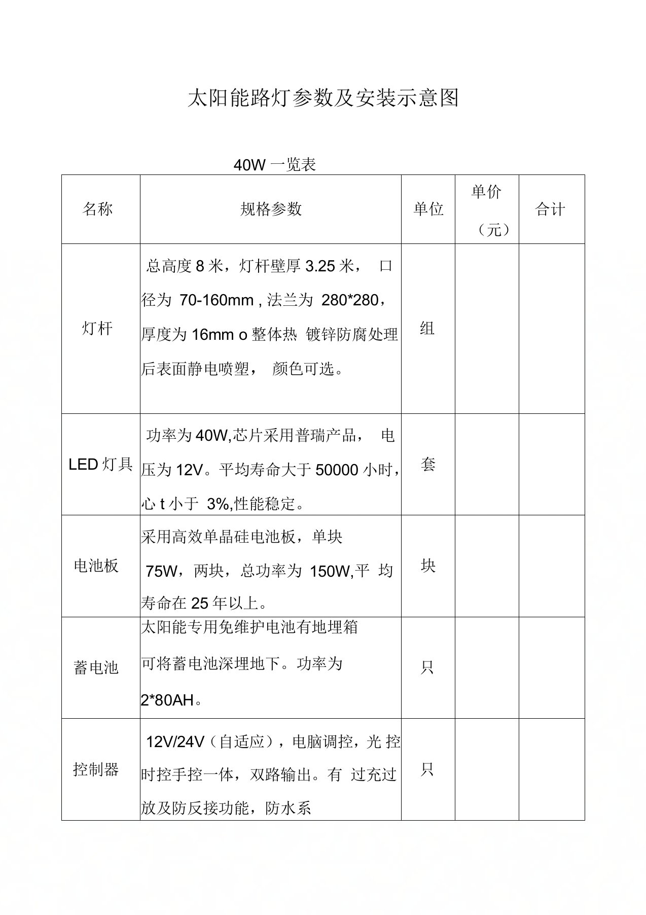 太阳能路灯参数一览表