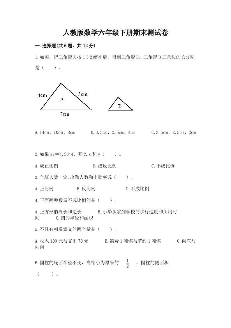 人教版数学六年级下册期末测试卷精品【历年真题】