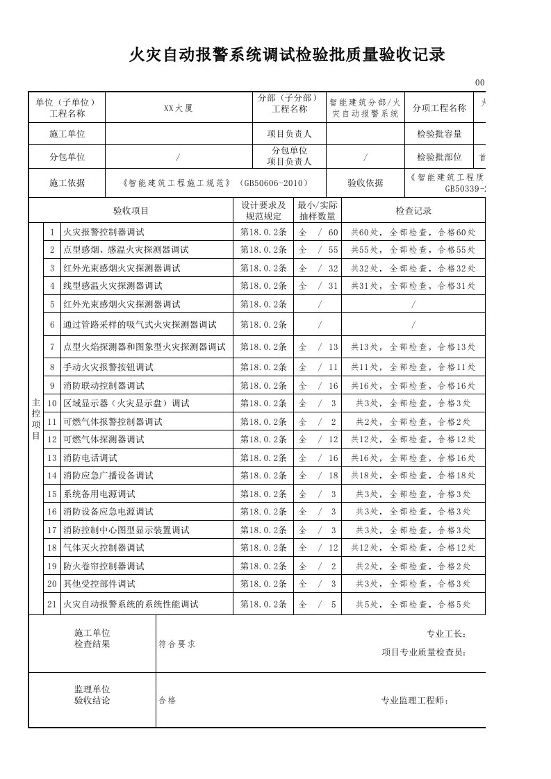 火灾自动报警系统调试检验批质量验收记录