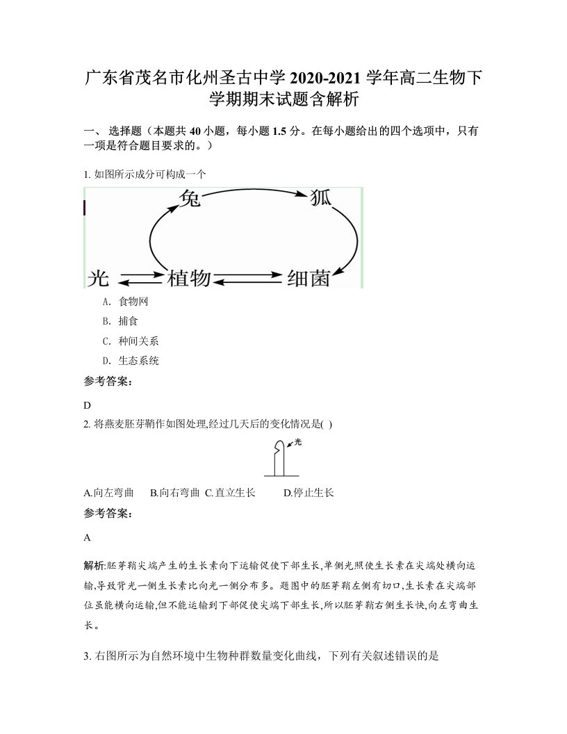 广东省茂名市化州圣古中学2020-2021学年高二生物下学期期末试题含解析