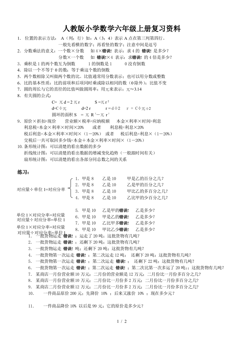 人教版小学数学六年级上册复习资料