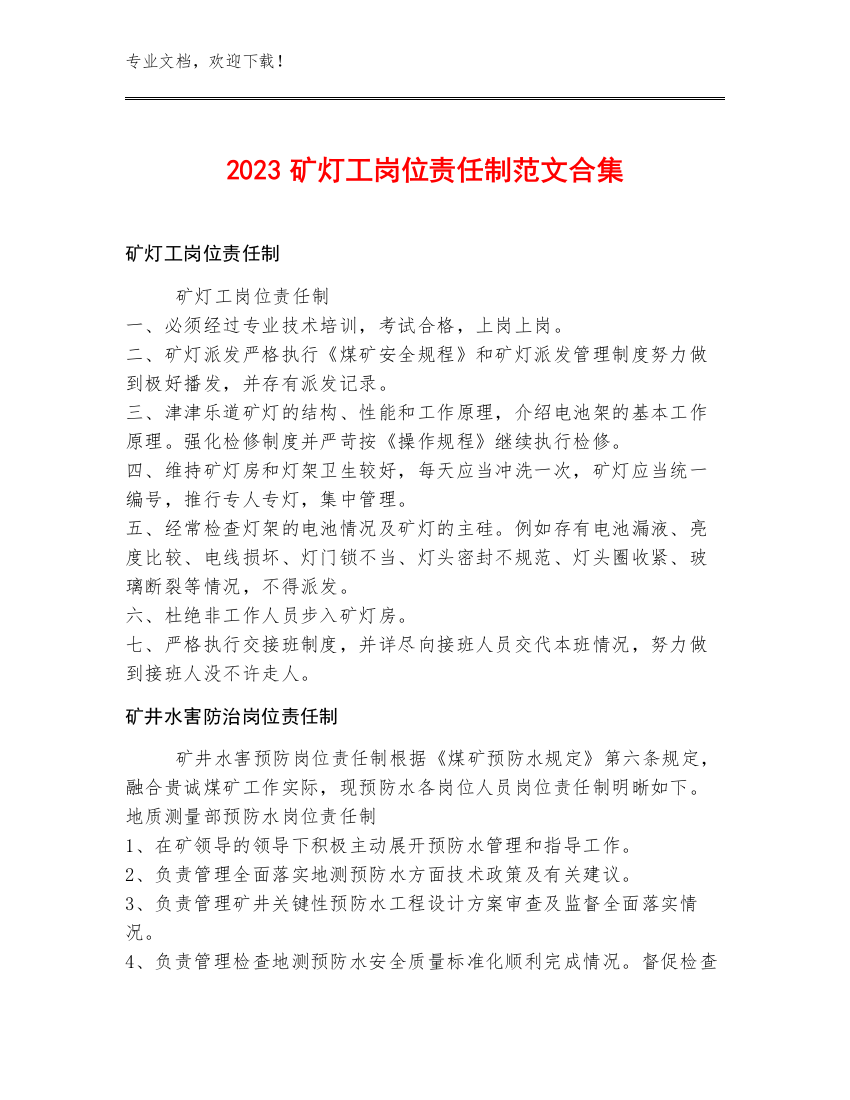 2023矿灯工岗位责任制范文合集