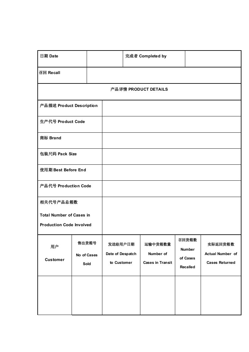 2021年产品召回记录表单样本