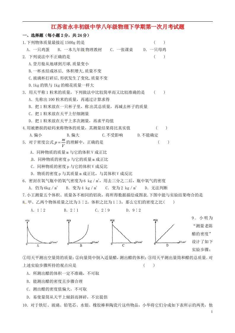 江苏省永丰初级中学八级物理下学期第一次月考试题（无答案）