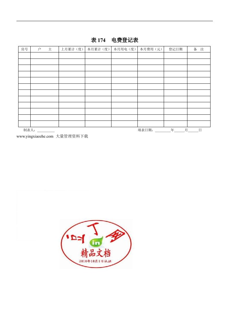 【管理精品】地产企业管理之实用地产表格-电费登记表(DOC)