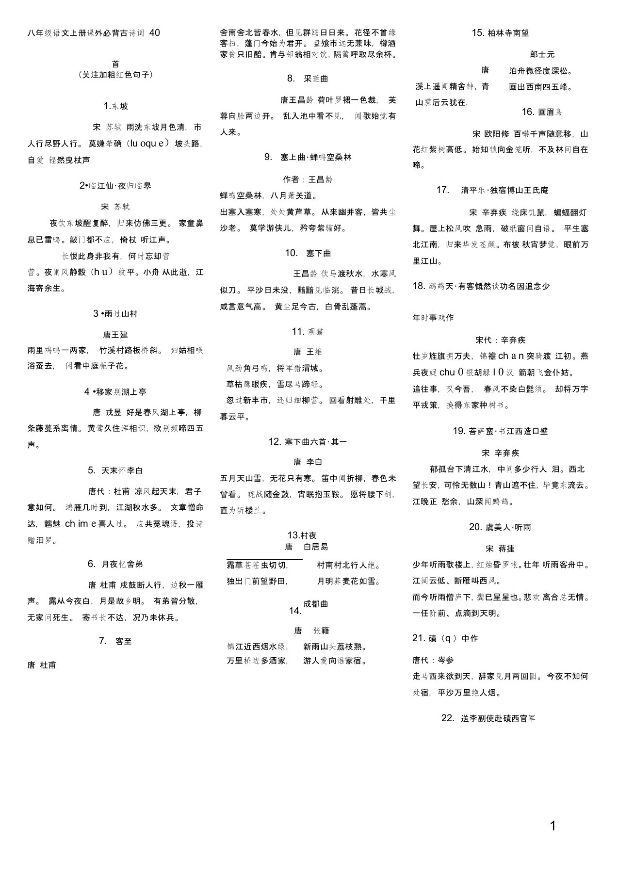 (完整版)八年级上册课外古诗词40首(精简版)