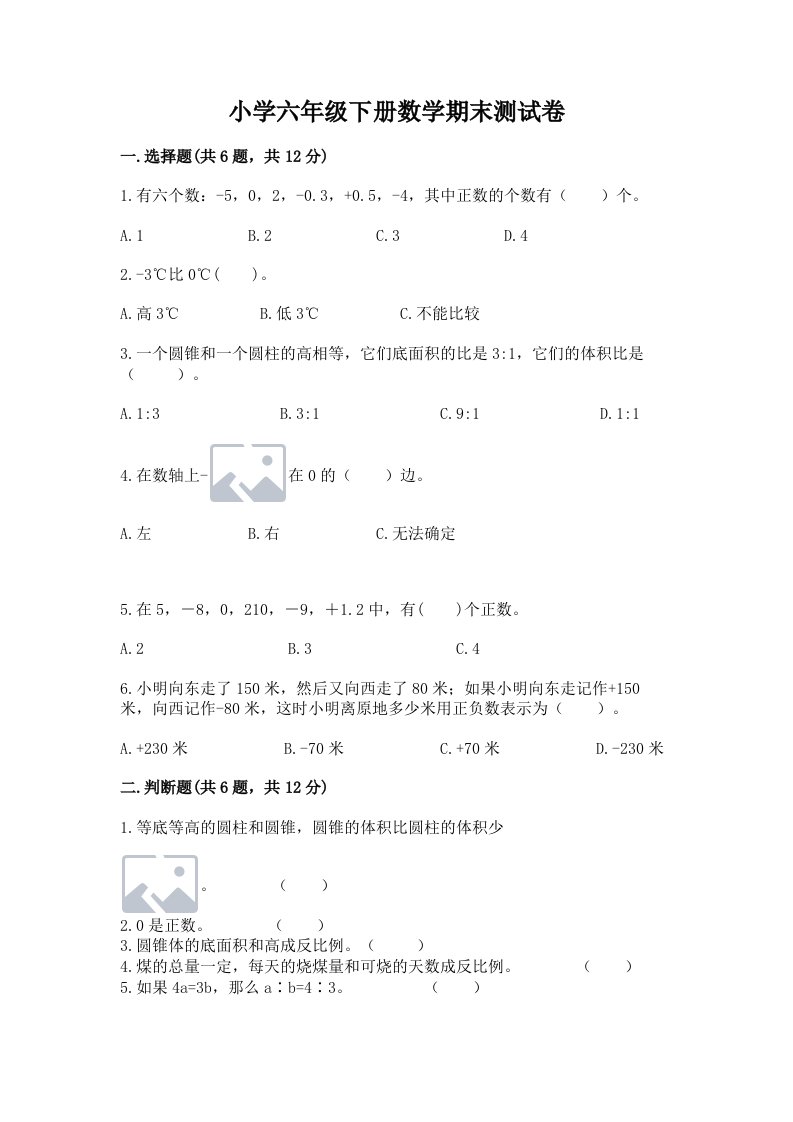 小学六年级下册数学期末测试卷精编