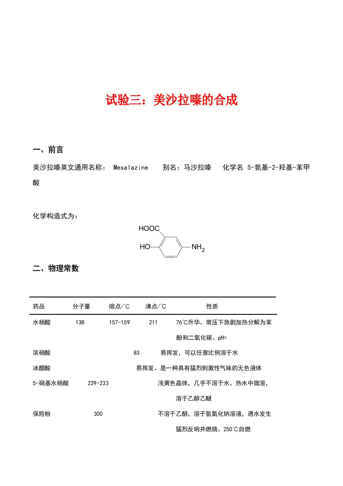 实验12美沙拉嗪的合成实验报告