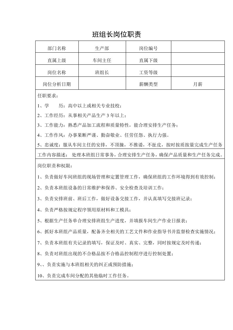 中小企业车间班组长岗位职责