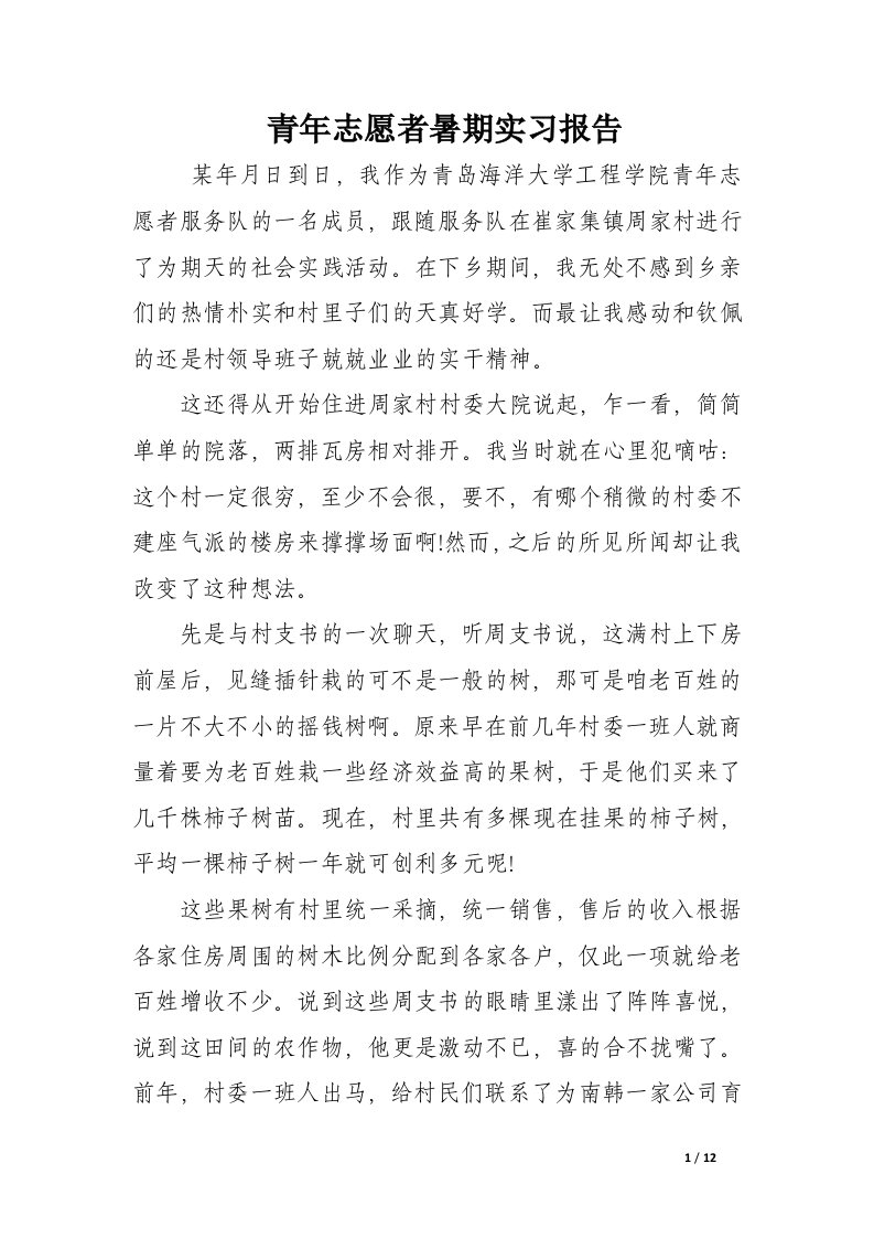 青年志愿者暑期实习报告