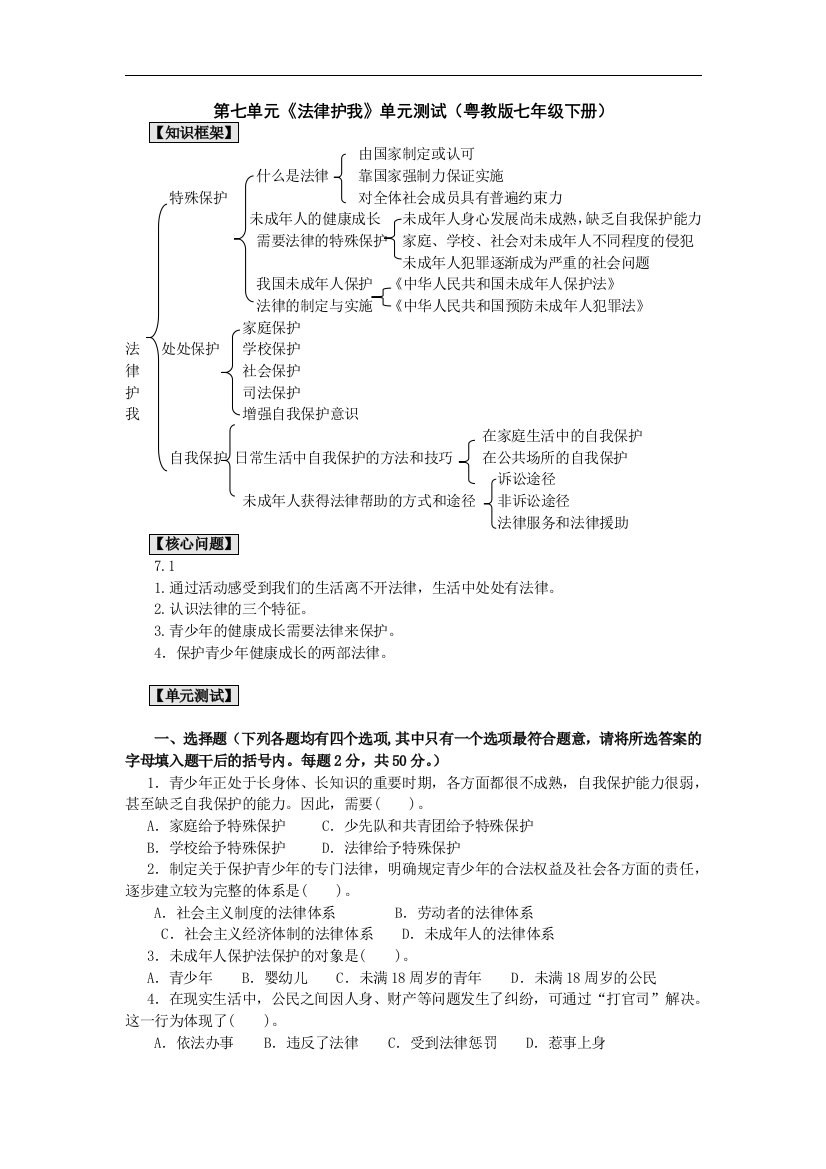 【小学中学教育精选】2016粤教版思想品德七下第七单元《法律护我》单元测试