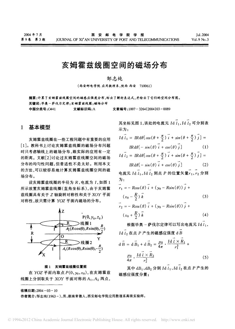 亥姆霍兹线圈空间的磁场分布